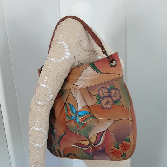 ANUSCHKA Anna Hand-Painted 100% Leather Hobo Butterfly Floral Crossbody Handbag - Picture 4 of 12